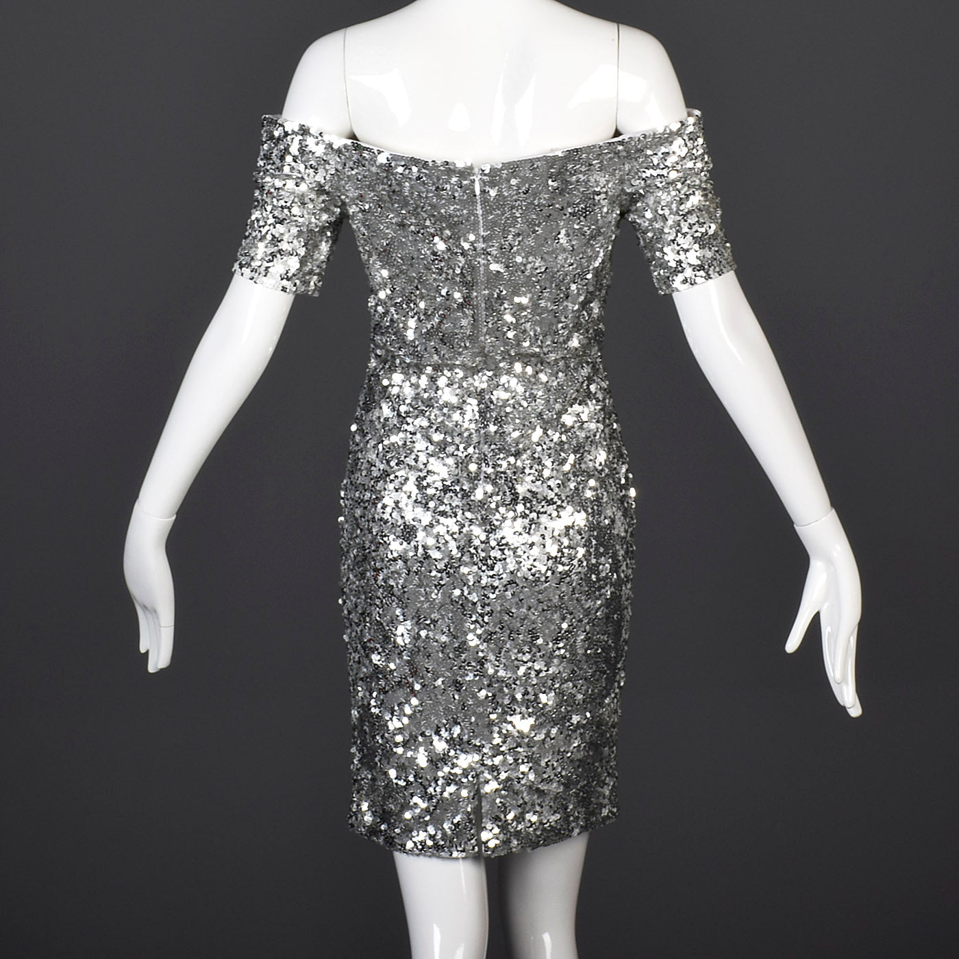 1980s Off Shoulder Neiman Marcus Silver Sequin Cocktail Dress