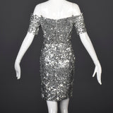 1980s Off Shoulder Neiman Marcus Silver Sequin Cocktail Dress