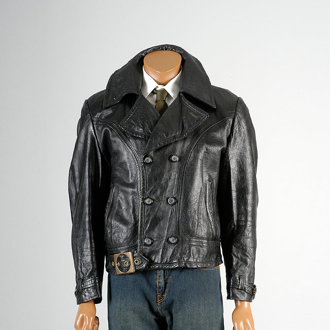 1960s Men's Black Leather Biker Jacket with Belted Waist