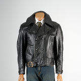 1960s Men's Black Leather Biker Jacket with Belted Waist