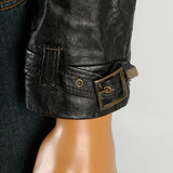 1960s Men's Black Leather Biker Jacket with Belted Waist