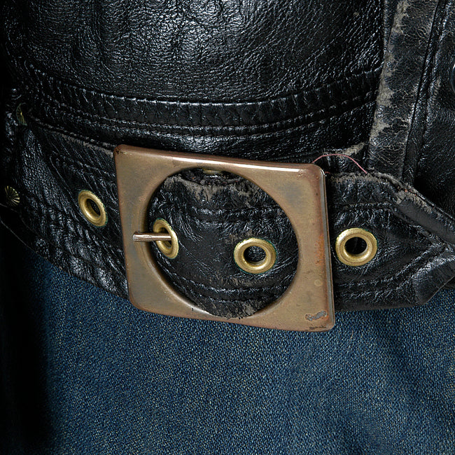 1960s Men's Black Leather Biker Jacket with Belted Waist