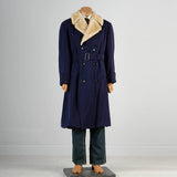 1950s Men's Heavy Duty Navy Blue Gabardine Winter Coat with Mouton Fur Collar