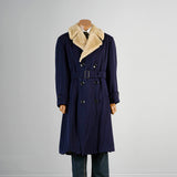 1950s Men's Heavy Duty Navy Blue Gabardine Winter Coat with Mouton Fur Collar