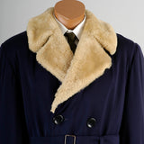 1950s Men's Heavy Duty Navy Blue Gabardine Winter Coat with Mouton Fur Collar