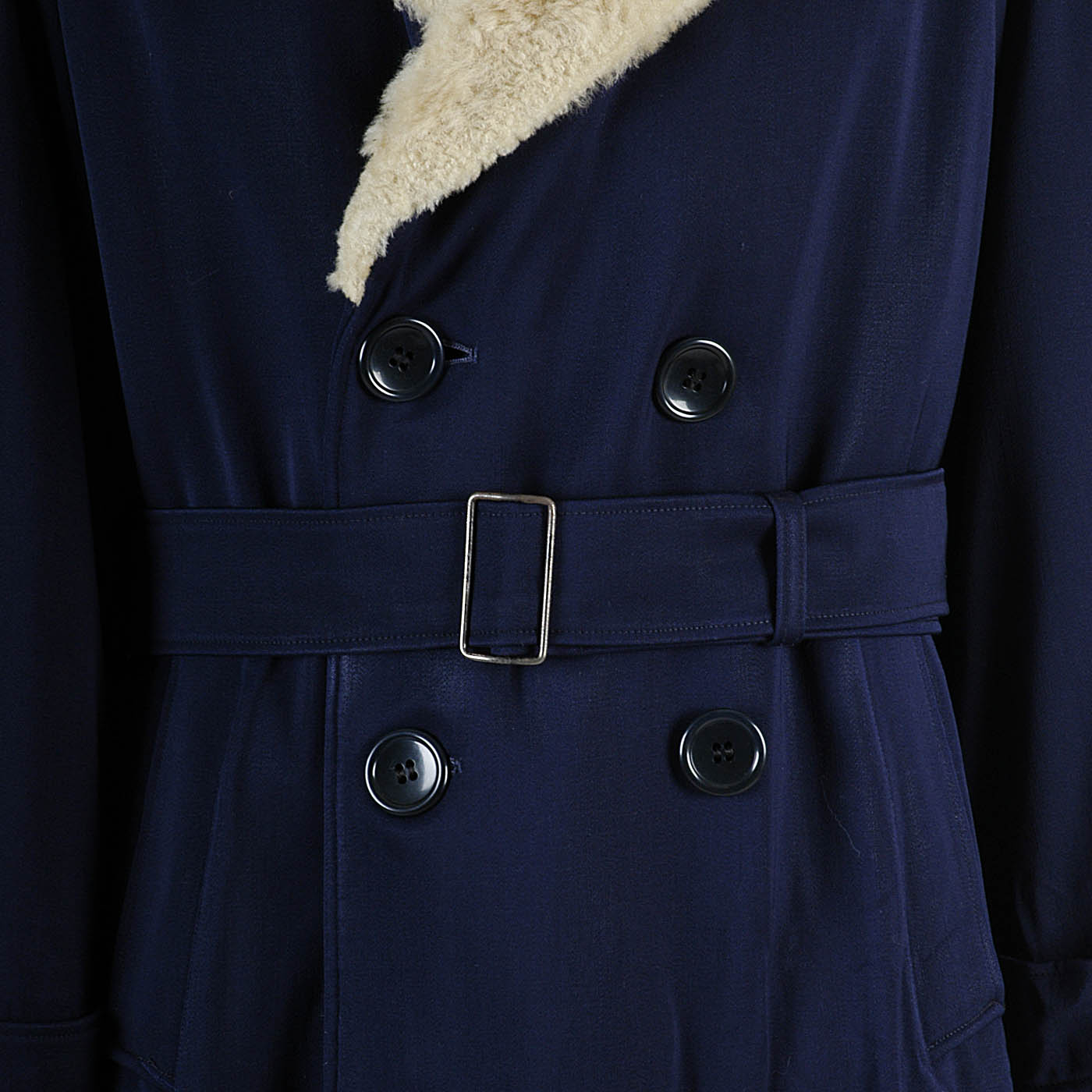 1950s Men's Heavy Duty Navy Blue Gabardine Winter Coat with Mouton Fur Collar