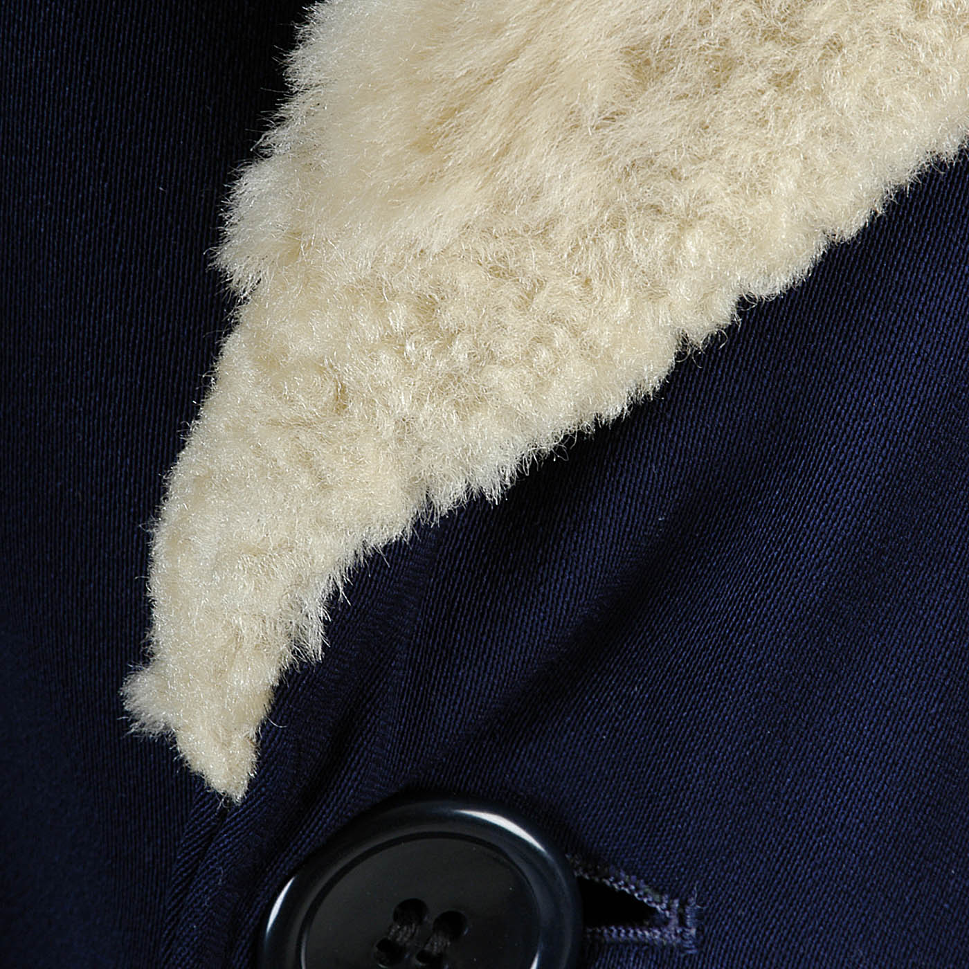 1950s Men's Heavy Duty Navy Blue Gabardine Winter Coat with Mouton Fur Collar