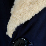 1950s Men's Heavy Duty Navy Blue Gabardine Winter Coat with Mouton Fur Collar
