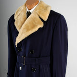 1950s Men's Heavy Duty Navy Blue Gabardine Winter Coat with Mouton Fur Collar