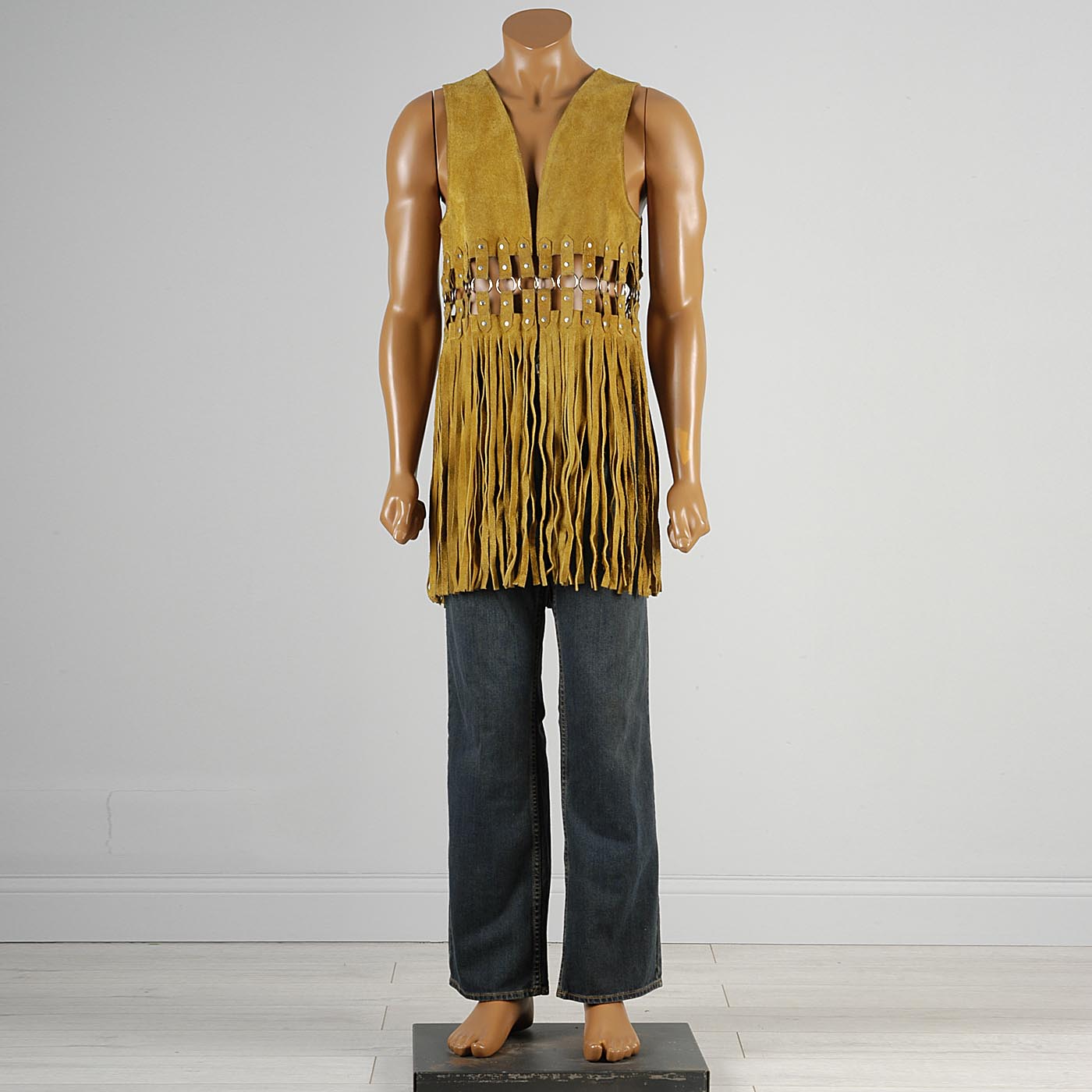 1970s Men's Bohemian Split Hide Leather Vest with Fringe