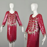 Small 1990s Silk Pink Silver Red Cocktail Dress Loose Fitting Sequin Beaded Evening Chemise