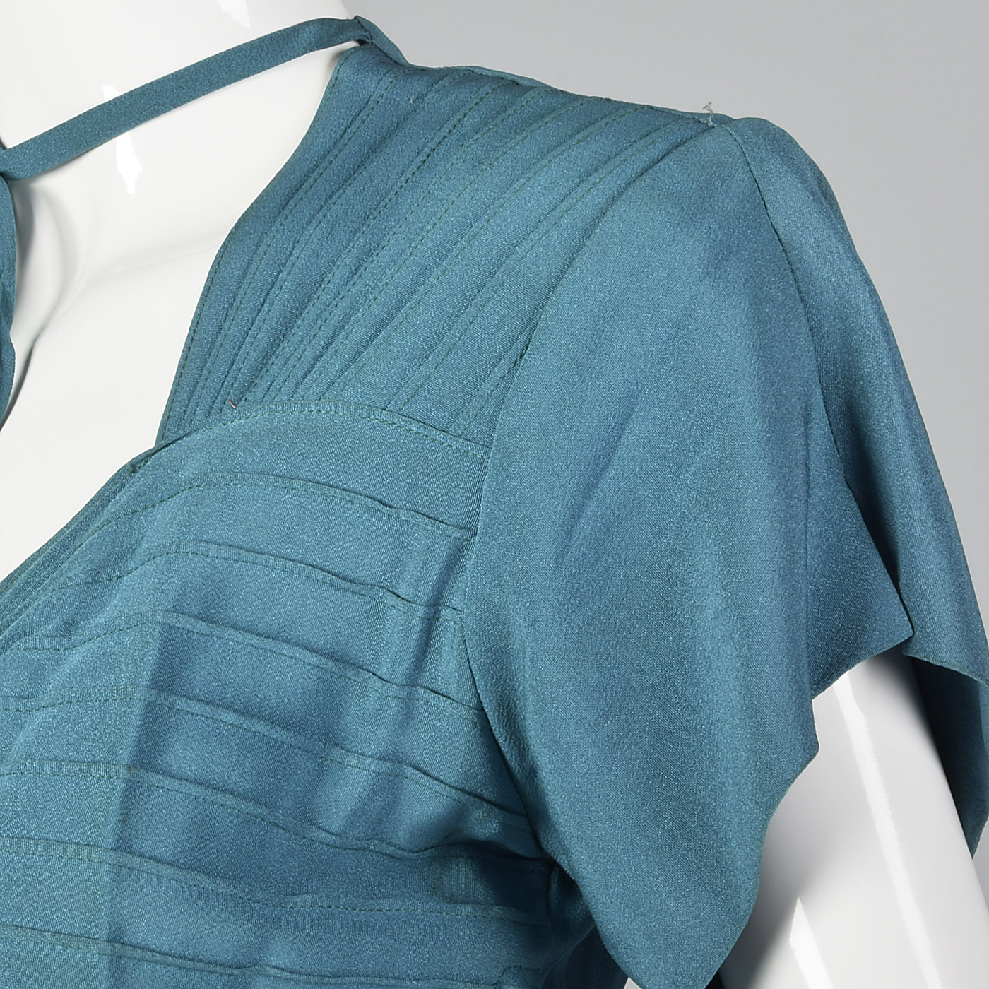 1940s Teal Rayon Dress with Neck Tie
