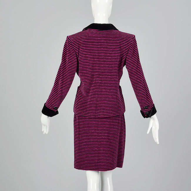 Yves Saint Laurent Rive Gauche Black & Fuchsia Striped Corduroy Skirt Suit