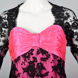 1980s Travilla Hot Pink and Black Lace Dress