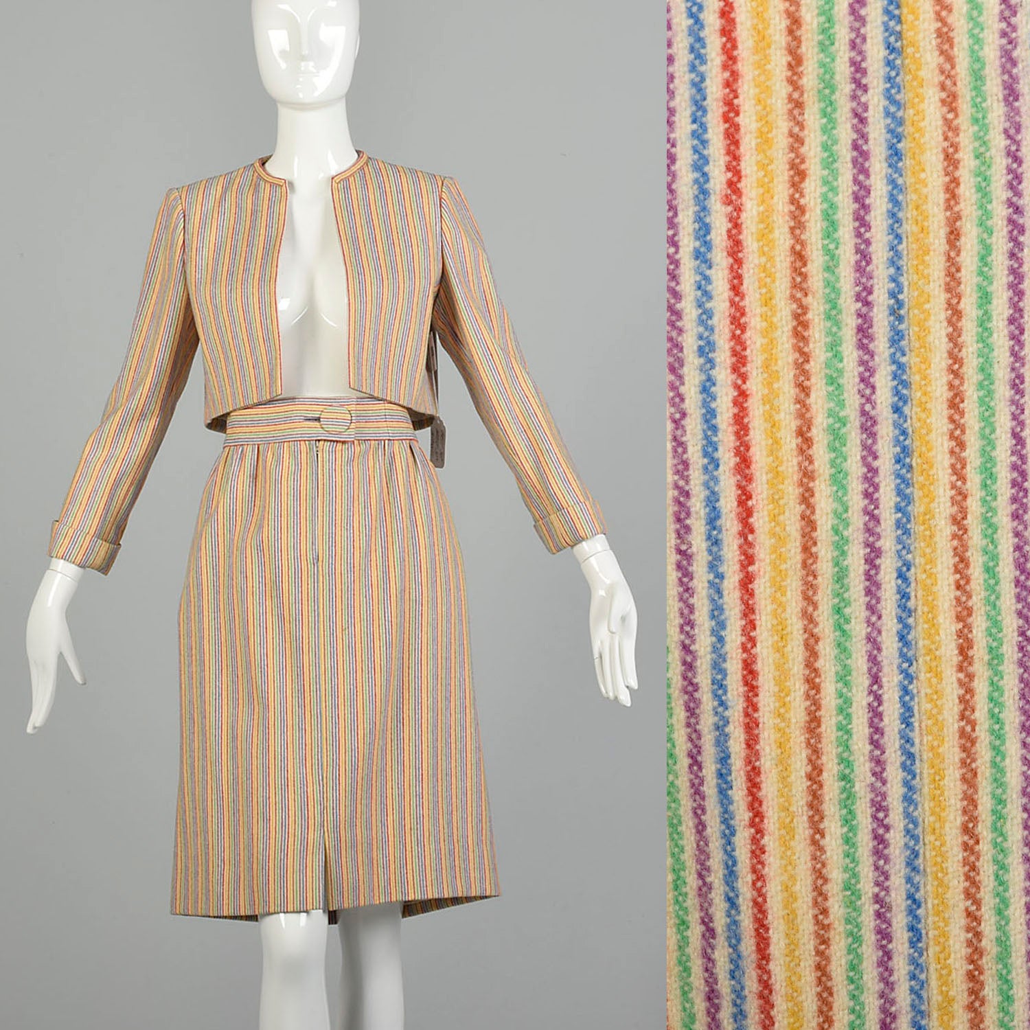 Large 1970s Pauline Trigere Bolero Jacket Skirt Set Rainbow Stripe Skirt Suit