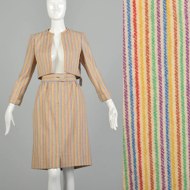 Large 1970s Pauline Trigere Bolero Jacket Skirt Set Rainbow Stripe Skirt Suit