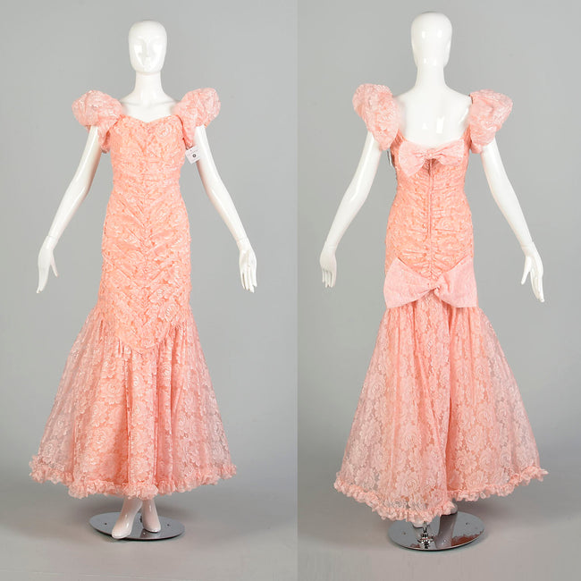 Medium 1980s Pink Lace Puff Sleeve Trumpet Skirt Formal Evening Prom Dress