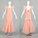 Medium 1980s Pink Lace Puff Sleeve Trumpet Skirt Formal Evening Prom Dress