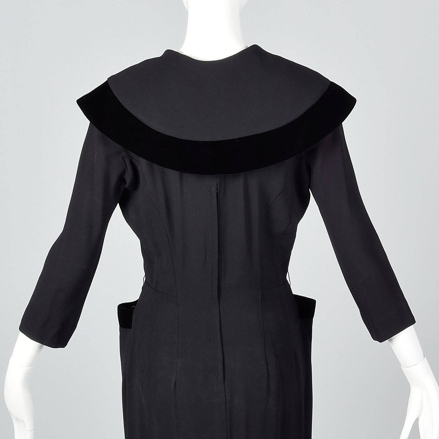 1950s Black Rayon Dress with Velvet Trim and Shawl Collar