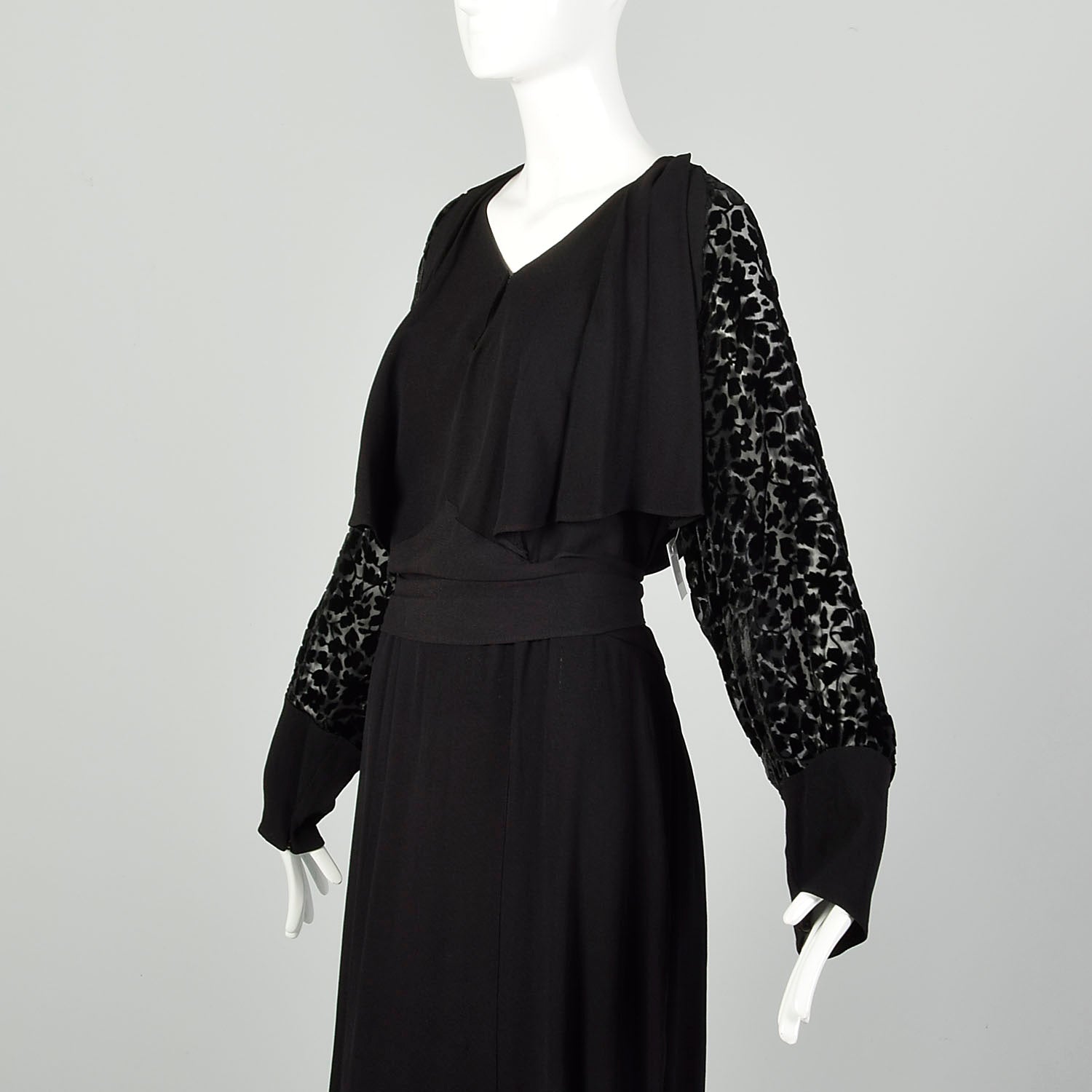 XL 1930s Dress Black Devore Velvet Sleeves Art Deco Long Sleeve LBD