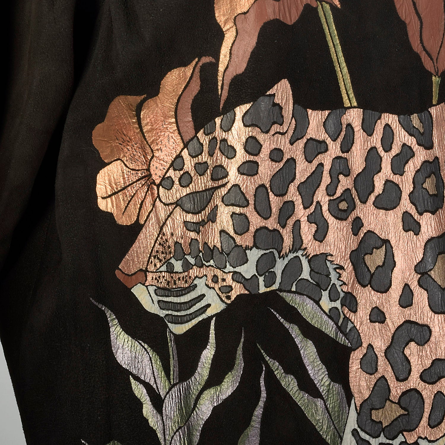 XL Suede Leather Dress 1980s Leopard Fringe Wild Cat Long Sleeve