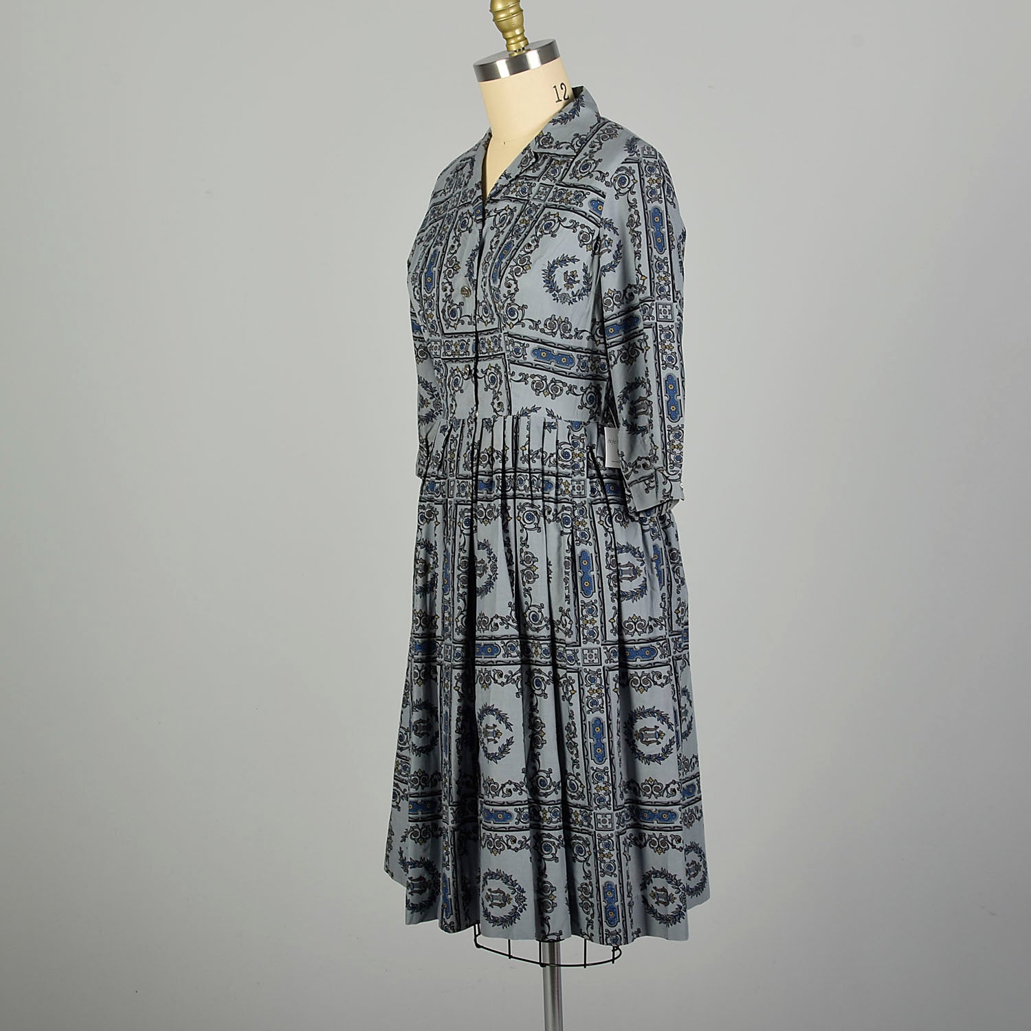 Large 1950s Day Dress Grey Novelty Block Print Cotton Summer