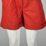 XS 1980s Red Leather Shorts Pleated Button Front Sexy Cuffed Bottoms