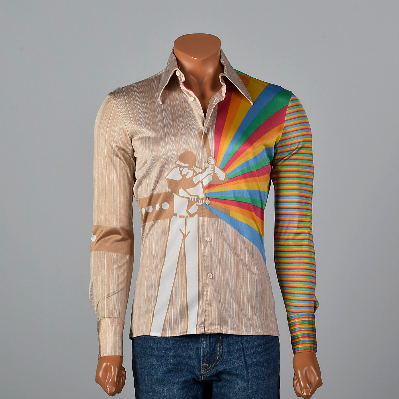 1970s Nik Nik Silky Baseball and Rainbow Print Disco Shirt