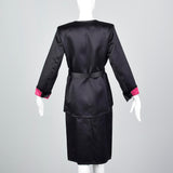 Yves Saint Laurent Rive Gauche Black Satin Satin Skirt Suit with Hot Pink Lining