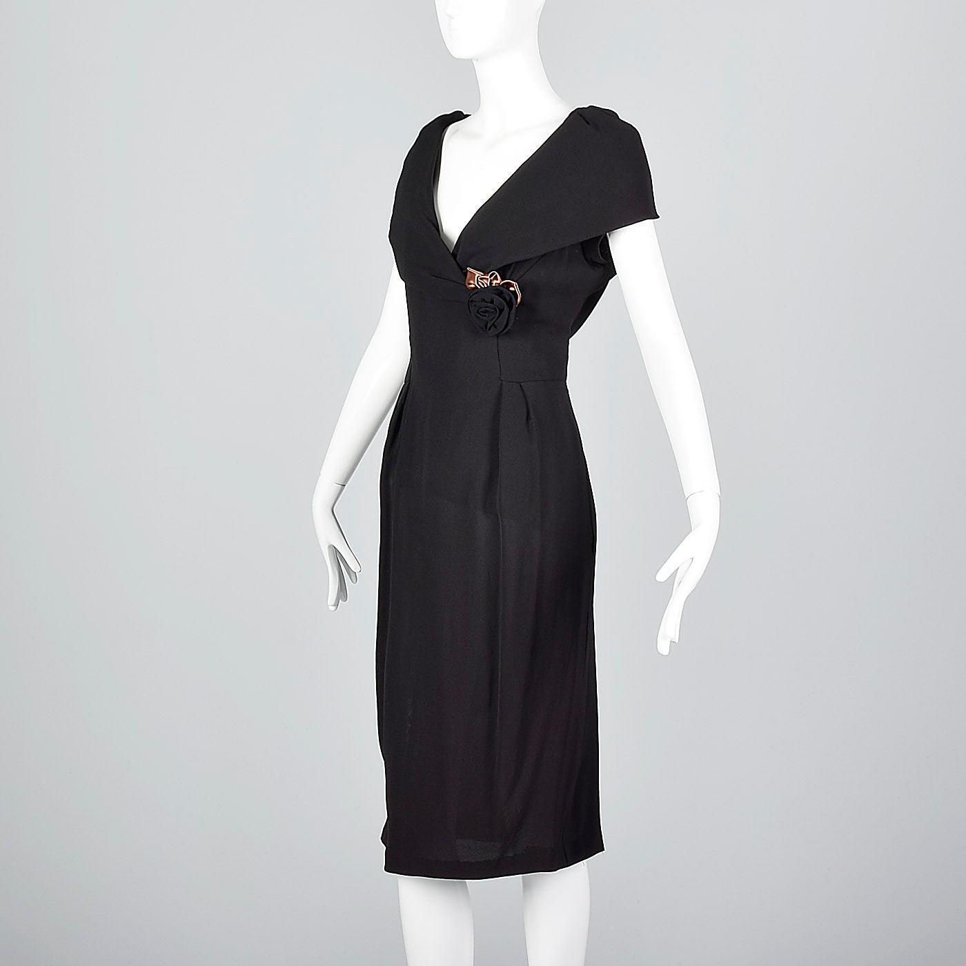 1950s Black Dress with Shawl Collar and Low Cut Front