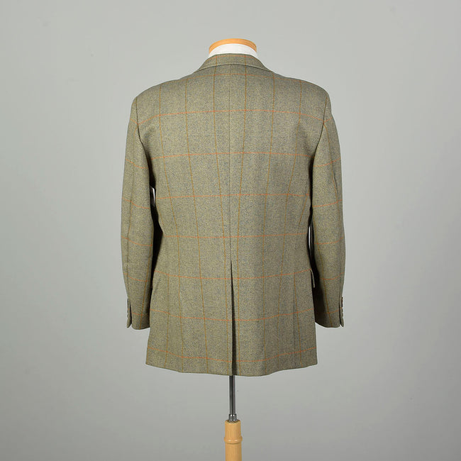 Large 1970s Green Copper Herringbone Plaid Blazer Two Button Front Single Vent Back Welt With Flap Pockets