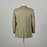 Large 1970s Green Copper Herringbone Plaid Blazer Two Button Front Single Vent Back Welt With Flap Pockets