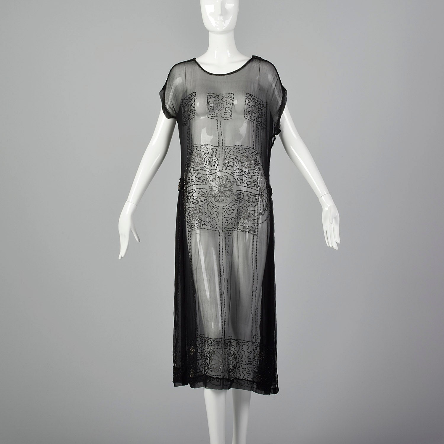 1920s Beaded Sheer Black Dress with Hip Sashes