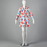 Small 1970s Butterfly Print Dress with Long Sleeves and Pockets