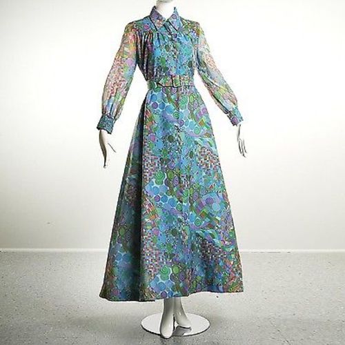 1960  Long Sleeve Maxi Tent Dress Trapeze Geometric Psychedelic Blue Belted