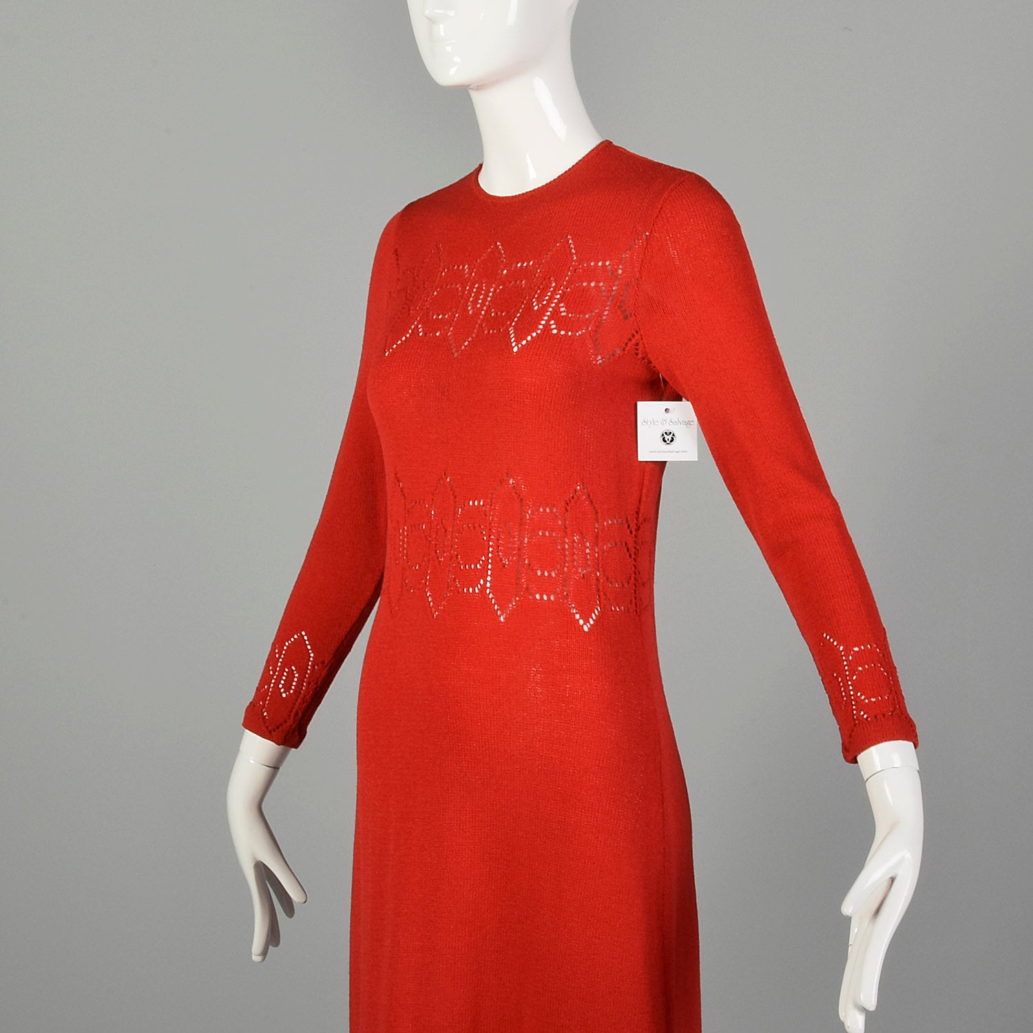 Small 1970s Dress Pat Sandler Red Knit Maxi Long Sleeve Sheer Decorative Details Knit