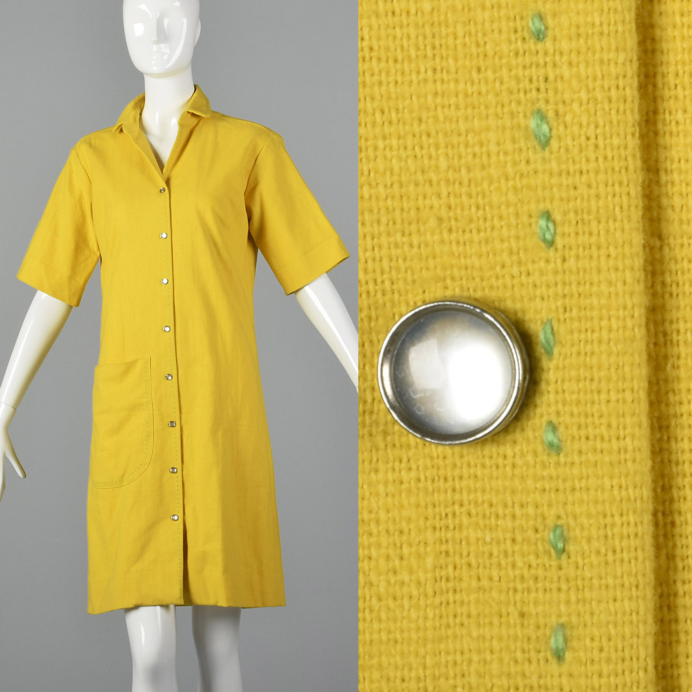 1960s Yellow Dress with Green Topstitch