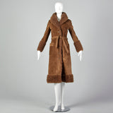 XXS 1970s Brown Suede Leather Shearling Lined Coat