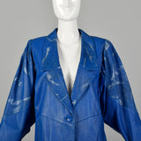 1980s Oversized Blue Leather Jacket with Batwing Sleeves