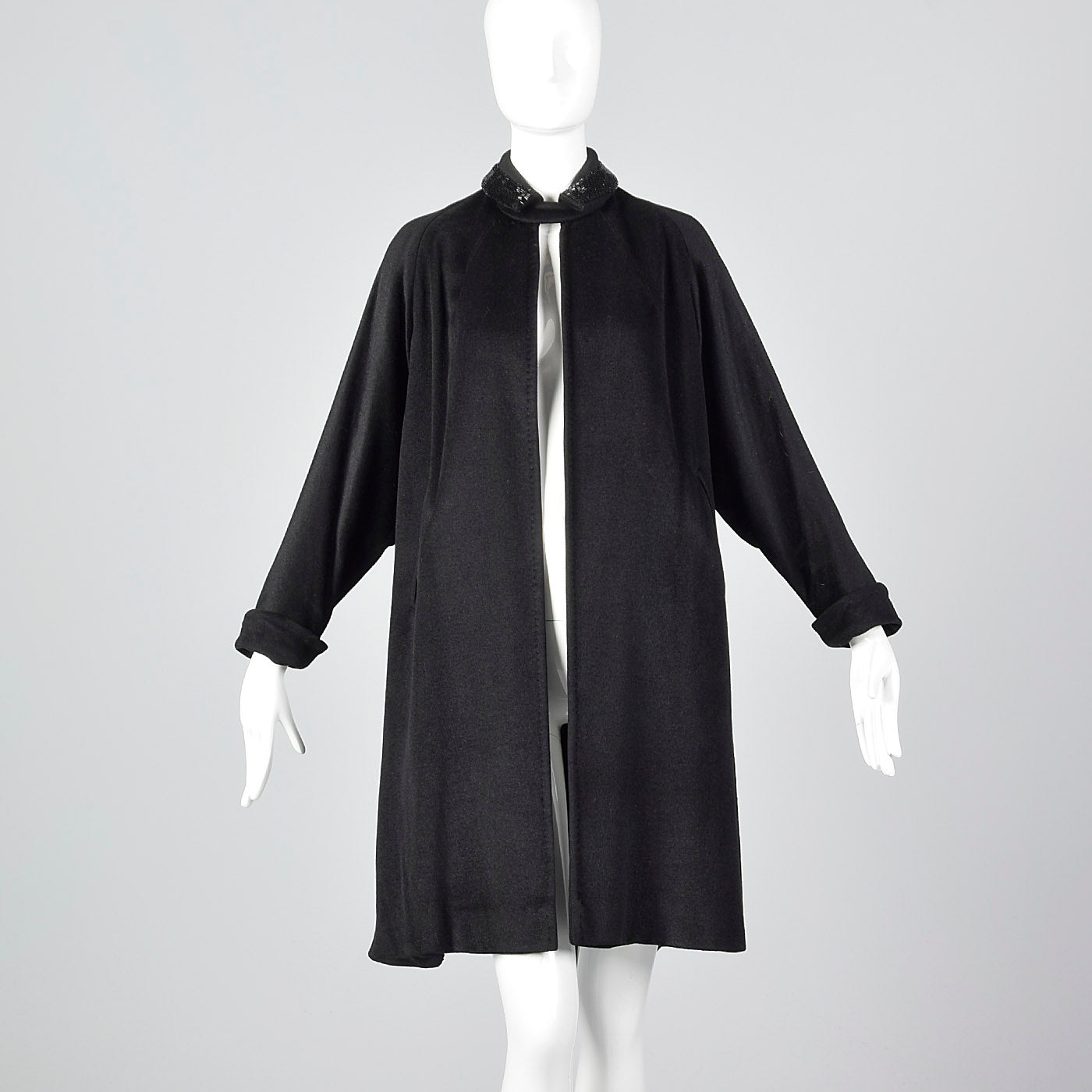 1950s Black Wool Swing Coat with Beaded Collar
