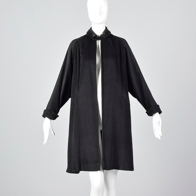 1950s Black Wool Swing Coat with Beaded Collar