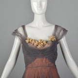 1950s Gray and Pink Mesh Dress with Faux Flower Bust