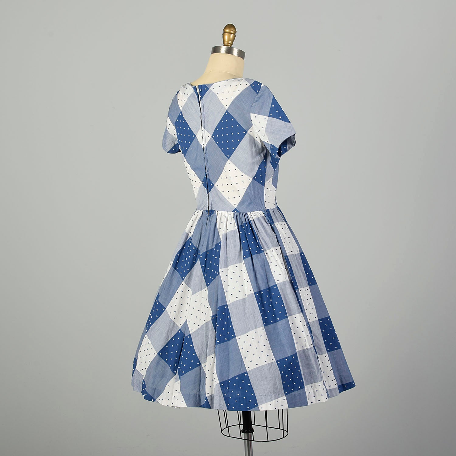 Medium 1950s Day Dress Blue Plaid Cotton Short Sleeve Fit and Flare Summer