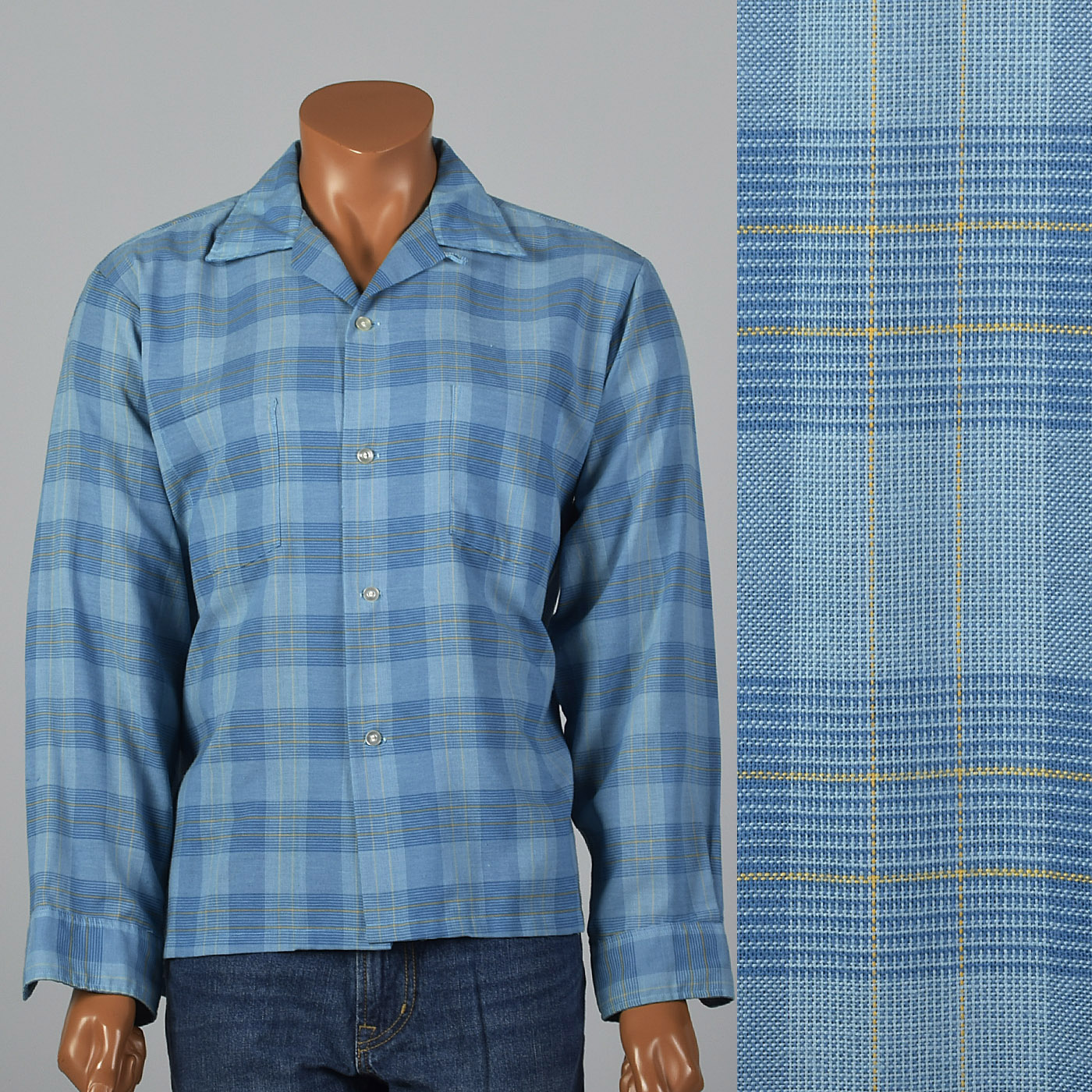 1960s Mens Blue Plaid Shirt with Loop Collar