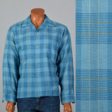 1960s Mens Blue Plaid Shirt with Loop Collar