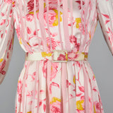 Medium 1970s Christian Dior Pink Floral Stripe Dress Long Sleeve