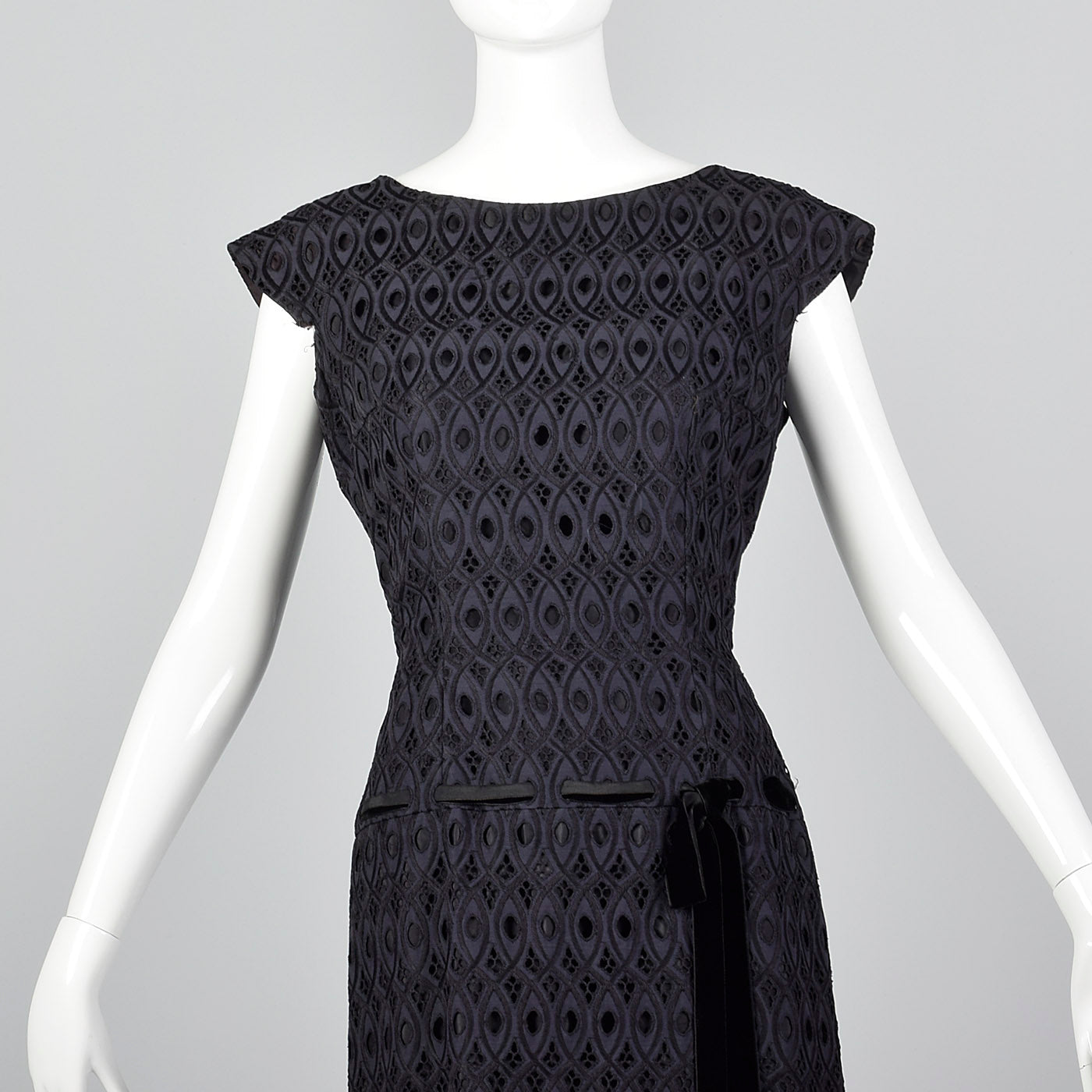1950s Navy and Black Eyelet Dress with Drop Waist Illusion