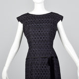 1950s Navy and Black Eyelet Dress with Drop Waist Illusion