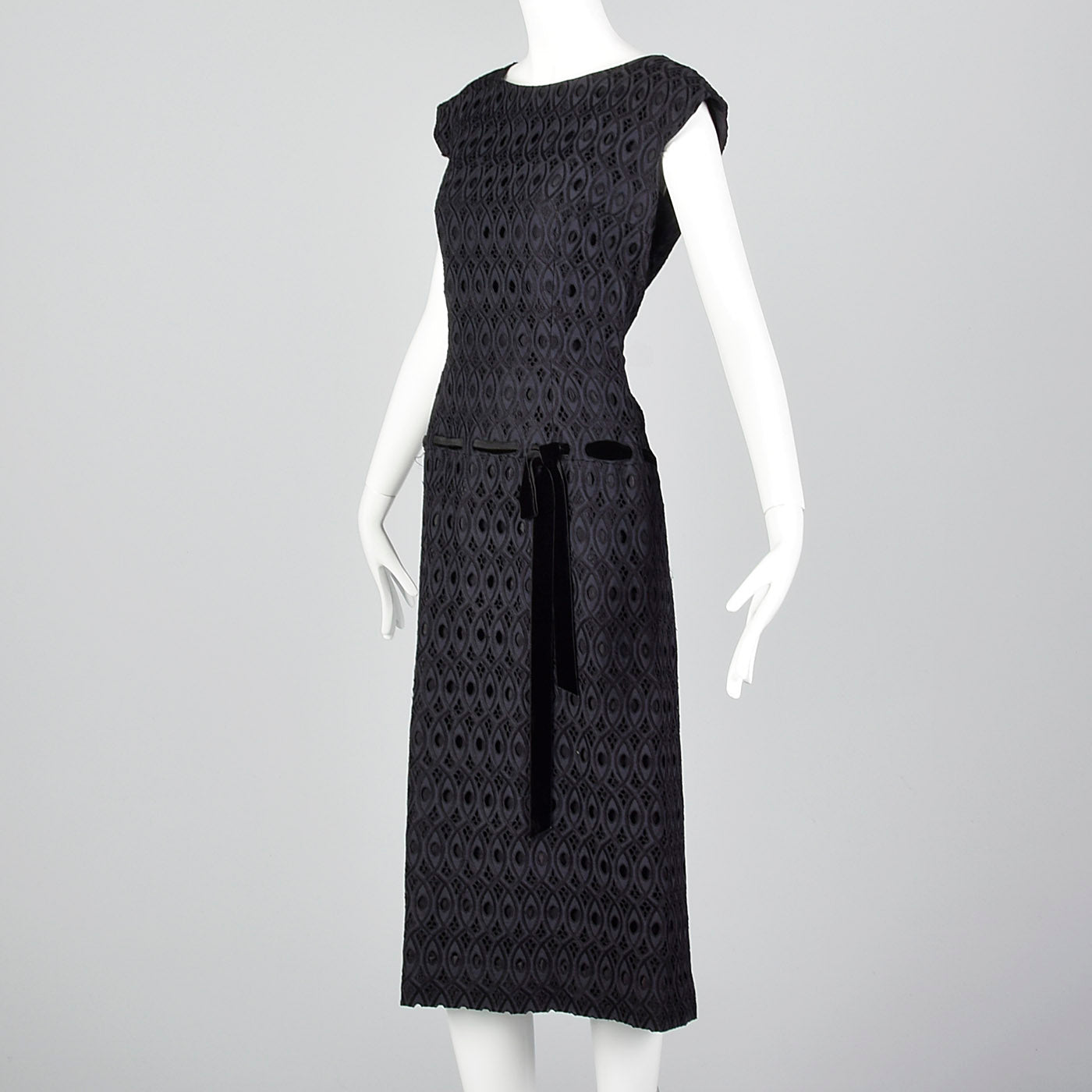 1950s Navy and Black Eyelet Dress with Drop Waist Illusion