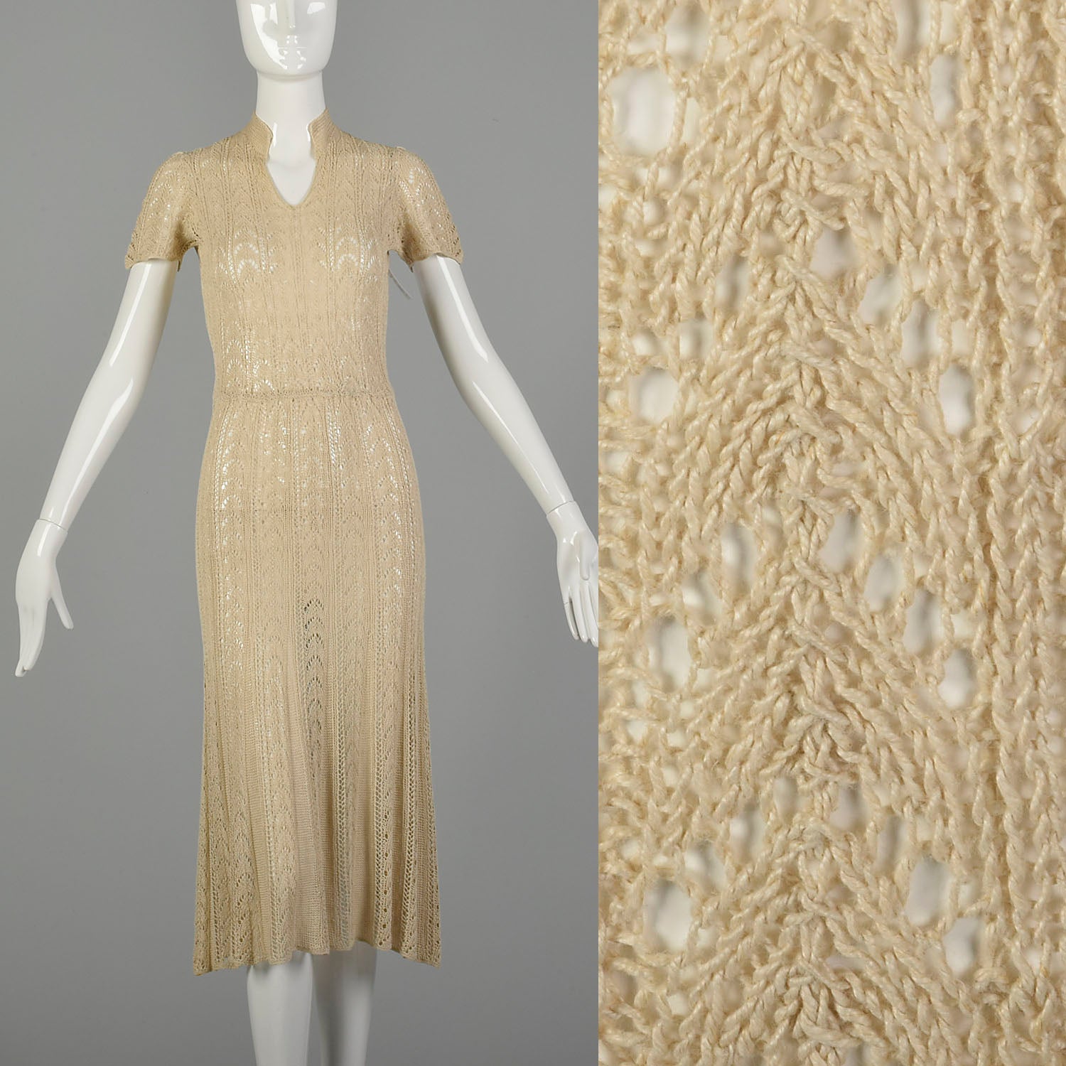 XS 1930s Hand Knit Dress Bohemian Sheer Cotton Short Sleeves